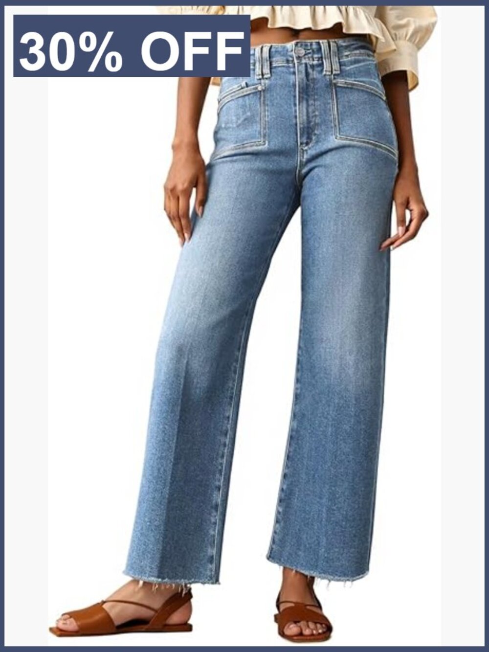 High Waisted Cropped Jeans Stretchy Baggy Straight Leg Raw Hem Denim
